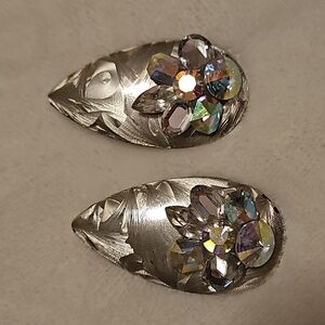 Vintage 1980s Silver and Aurora Crystal 2" Earrings